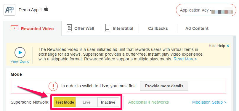 Supersonic Switch App to Live Mode Rewarded Video Ad Unit