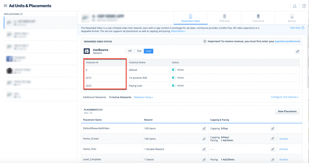 Get Started with the ironSource Ads network with Multiple Instances for