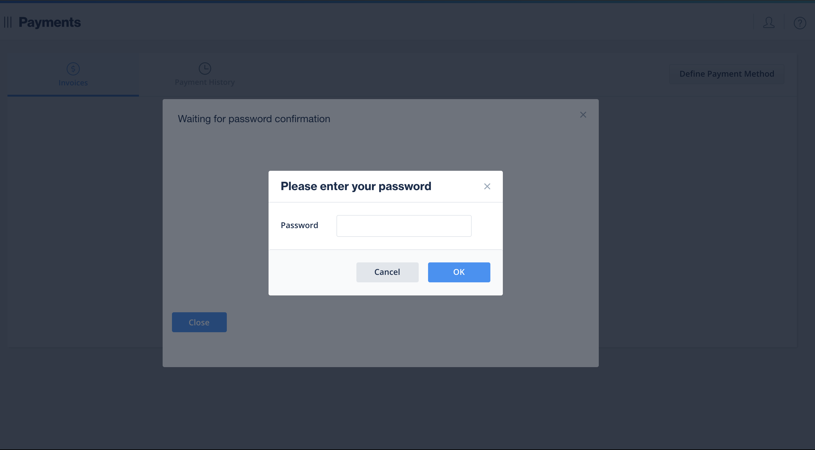 define payment method - enter password