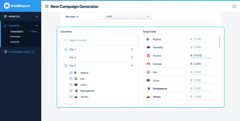 Select the countries where you want to run your campaign